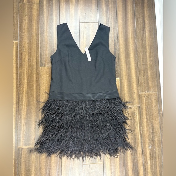 NWT Ark & Co size M Black Tiered Feather Skirt V Neck Mini Dress Sleeveless - Picture 1 of 8